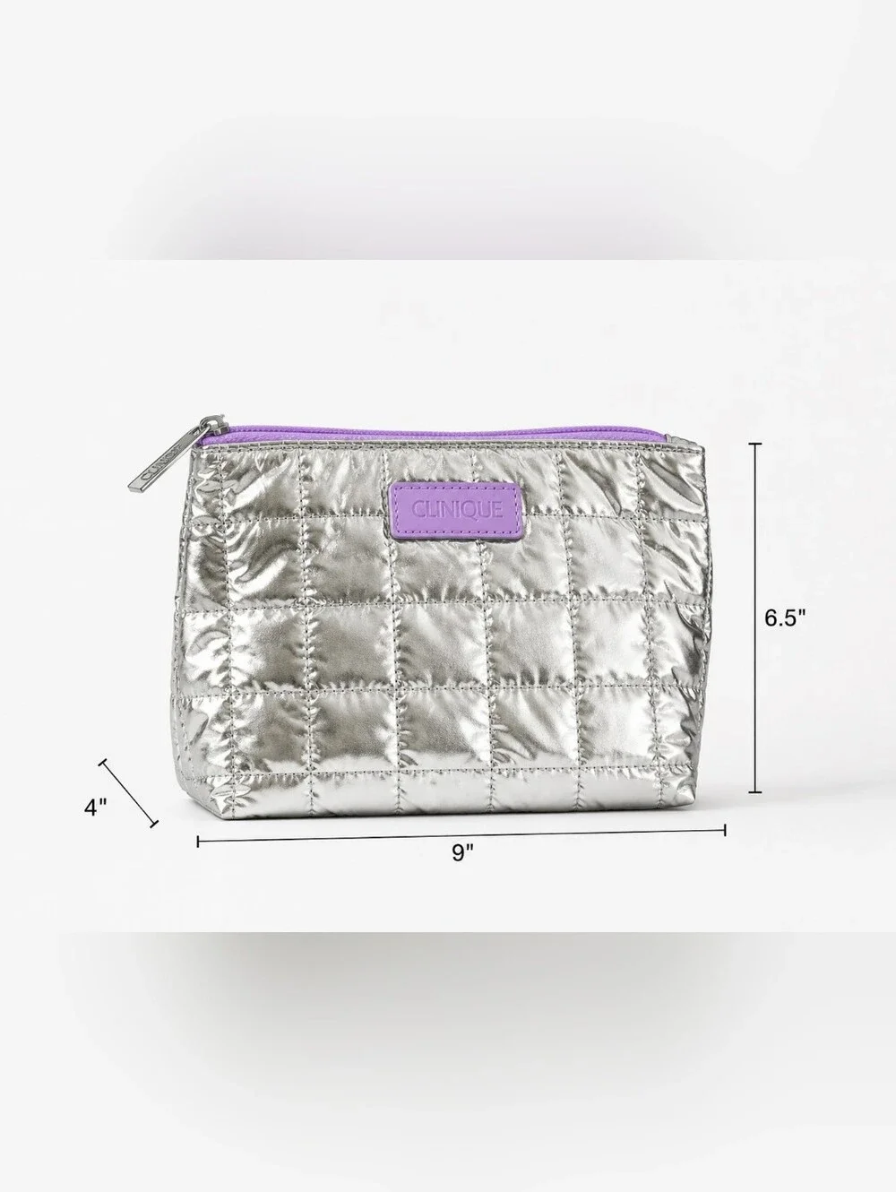 Clinique Metallic Silver Quilted Cosmetic Puffer Makeup Bag NWOT
